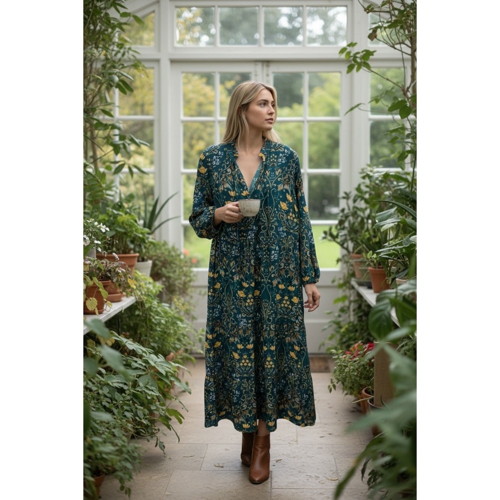 Never Fully Dressed Long-Sleeve Tiered Midi Dress‎ Teal Floral Damask Size 6